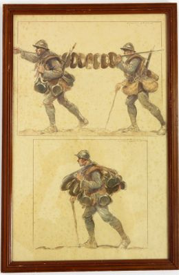 deux photos d'un tableau représentant un homme avec un fusil et un homme avec un sac à dos