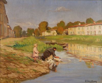 painting of a couple of people sitting on the bank of a river