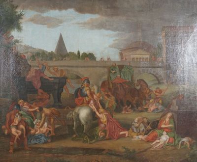tableau représentant un groupe de personnes dans un paysage, avec un homme à cheval et une femme à cheval