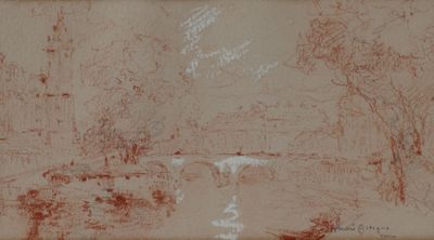 dessin représentant un pont enjambant une rivière, avec des arbres en arrière-plan