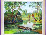 un tableau représentant un bateau sur l'eau, dans les bois
