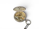 a silver pocket watch with a keychain on a white surface