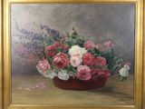 une peinture à l'huile représentant des fleurs dans un bol rouge posé sur une table