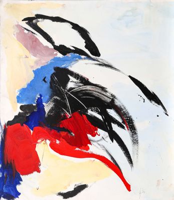 une peinture abstraite représentant un coq aux plumes rouges, bleues et noires