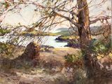 un tableau représentant une vue sur un lac depuis une colline