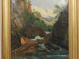 an oil painting of a river in a wooded area with rocks and trees