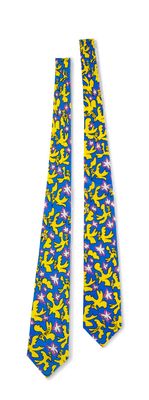 yellow and blue floral necktie on a white background
