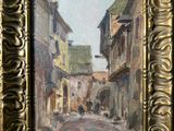 une peinture à l'huile représentant une scène de rue avec des bâtiments et une calèche