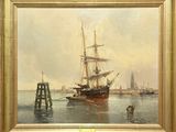 painting of a ship in a body of water next to a pier