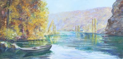 a painting of a boat on the water near a cliff