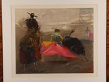 painting of a bullfight scene with a bull and a man in a red cape
