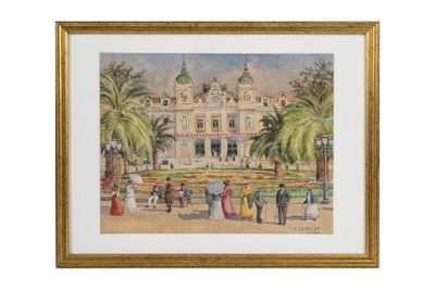 une peinture représentant un bâtiment avec des palmiers et des personnes devant