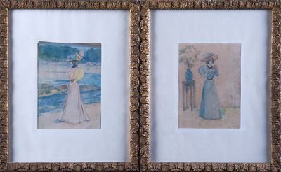 two framed pictures of a woman and a man on the beach