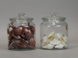 two glass jars with shells in them on a table