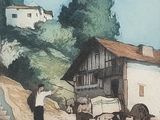 un tableau représentant un homme debout à côté d'une charrette tirée par un cheval