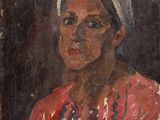une peinture à l'huile représentant une femme vêtue d'un t-shirt rouge et d'un bandeau blanc