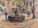 a painting of a fountain in the middle of a courtyard