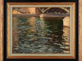 une peinture représentant un pont enjambant une rivière, avec un bâtiment en arrière-plan