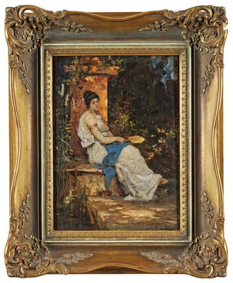 an image of a painting of a woman sitting on a bench