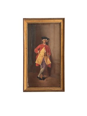 un vieux tableau représentant un homme vêtu d'un manteau et d'un chapeau rouges