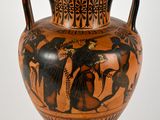 a vase with a painting on it on a white background