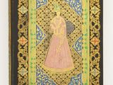 un vieux livre sur lequel figure le portrait d'une femme en robe rose