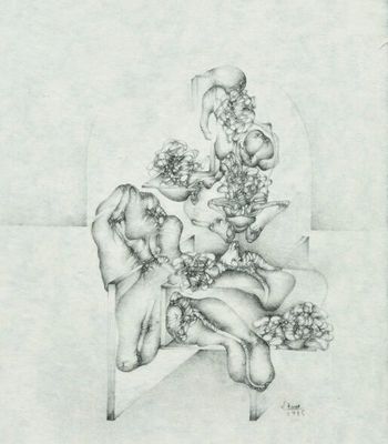 pencil drawing of a woman sitting on a chair with a bunch of flowers