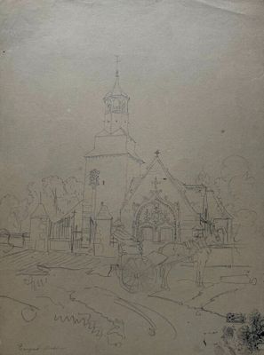 dessin représentant une église avec un clocher et un clocher au sommet