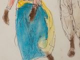 drawing of a woman walking down a street next to a man in a hat