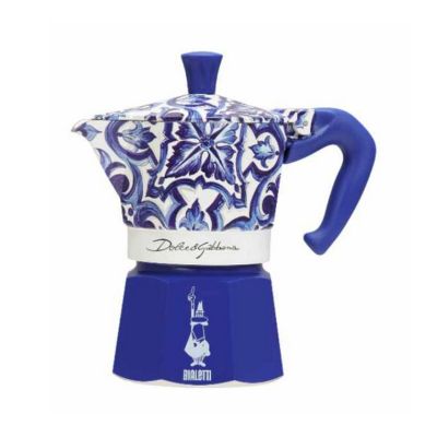 an image of a blue and white stove top coffee maker