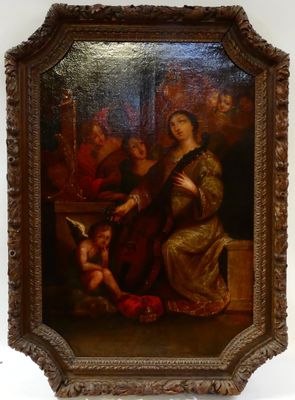 un vieux tableau représentant une femme avec un enfant dans une pièce