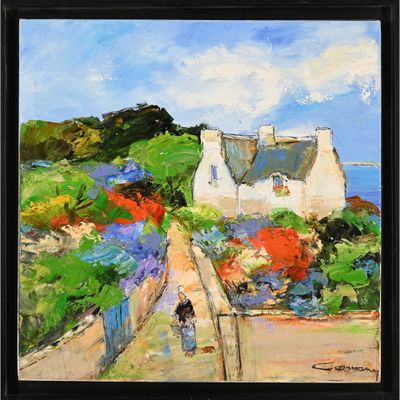 an oil painting of a house on a hill with a person walking down the road