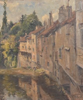 an oil painting of a river running through a town next to tall buildings