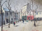 painting of a street scene with people walking and a dog on a leash