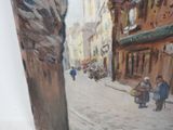 a painting of a street scene with people walking down the street
