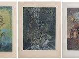 four different colored paintings of people and animals on a white background