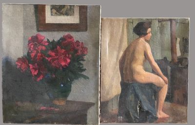 two paintings of a woman sitting on a stool next to a vase of flowers
