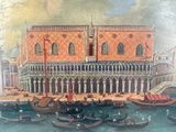 many gondolas in the water near a large building