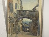 une image représentant une peinture d'une rue avec un bâtiment en arrière-plan