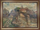 une peinture à l'huile représentant un pont sur une rivière avec un bâtiment à l'arrière-plan