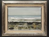 une peinture à l'huile représentant une scène de plage avec des vagues qui déferlent en arrière-plan