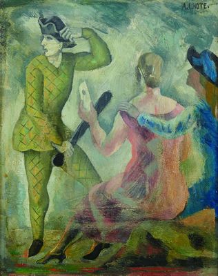 une peinture à l'huile représentant un homme en costume vert et une femme en robe rose