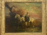 painting of a man riding a horse in a field with a tree in the background