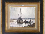 une peinture représentant un bateau sur un plan d'eau près d'une rive