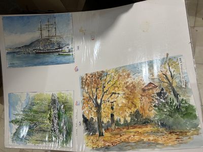 B. Davy, Neuf aquarelles sur papier: paysage de Normandie; Q…
