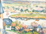 an oil painting of a view of a town with a river in the foreground