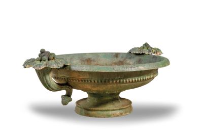 a large green bowl with grapes in it on a white background