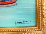une peinture représentant un homme dans un bateau sur l'eau
