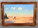 une peinture à l'huile représentant un homme à cheval traversant un champ enneigé