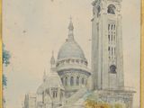 une image représentant un tableau d'une église avec un clocher en arrière-plan